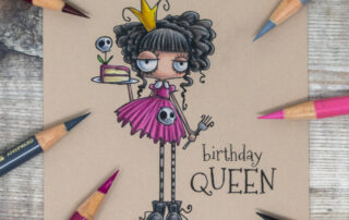 Coloured pencil coloured card inspiration & video featuring the Stamping Bella Oddball Birthday Queen rubber stamp set & Faber-Castell Polychromos pencils.