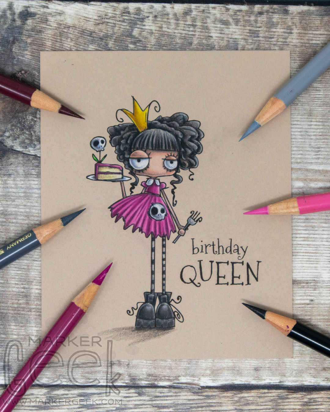 Coloured pencil coloured card inspiration & video featuring the Stamping Bella Oddball Birthday Queen rubber stamp set & Faber-Castell Polychromos pencils.
