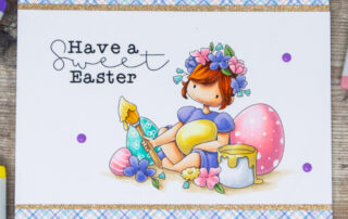 Copic marker coloured card inspiration & video featuring the Stamping Bella Tiny Townie Bethany Paints Easter Eggs rubber stamp & Easter Sentiment set.