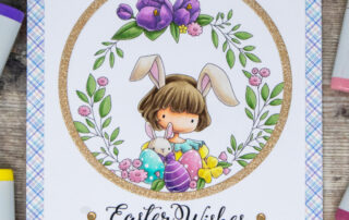 Copic marker coloured card inspiration & video featuring the Stamping Bella Tiny Townie April & her Bunny Love Easter rubber stamp & Easter Sentiment set.