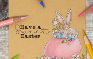 Coloured pencil coloured card inspiration & video featuring the Stamping Bella Gnome on an Egg rubber stamp set & Prismacolor pencils.