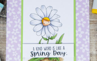 Copic marker coloured card inspiration & video featuring the Stamping Bella Tiny Townie Wonderland Daisy rubber stamp & Hello Spring Sentiment set.