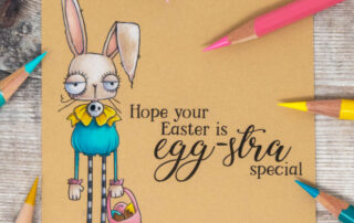 Coloured pencil coloured card inspiration & video featuring the Stamping Bella Oddball Easter Bunny rubber stamp set & Prismacolor pencils.