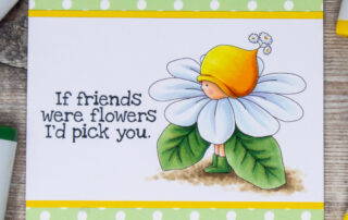 Copic marker coloured card inspiration & video featuring the Stamping Bella Bundle Girl is a Flower rubber stamp & Hello Spring Sentiment set.