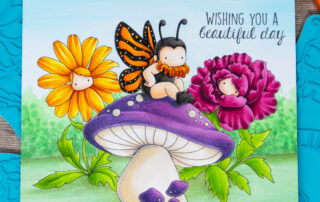 Copic marker coloured scene card inspiration & video featuring the Stamping Bella Tiny Townie Wonderland Caterpillar has his Wings, Daisy and Peony rubber stamps & Hello Spring Sentiment set.