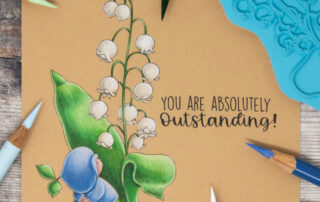 Coloured pencil coloured card inspiration & video featuring the Stamping Bella Bundle Girl with Lily of the Valley rubber stamp & Prismacolor pencils.