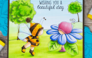 Copic marker coloured scene card inspiration & video featuring the Stamping Bella Bundle Girl is a Bee, Bundle Girl is a Flower and Summer Backdrop rubber stamps & the Hello Spring Sentiment set.