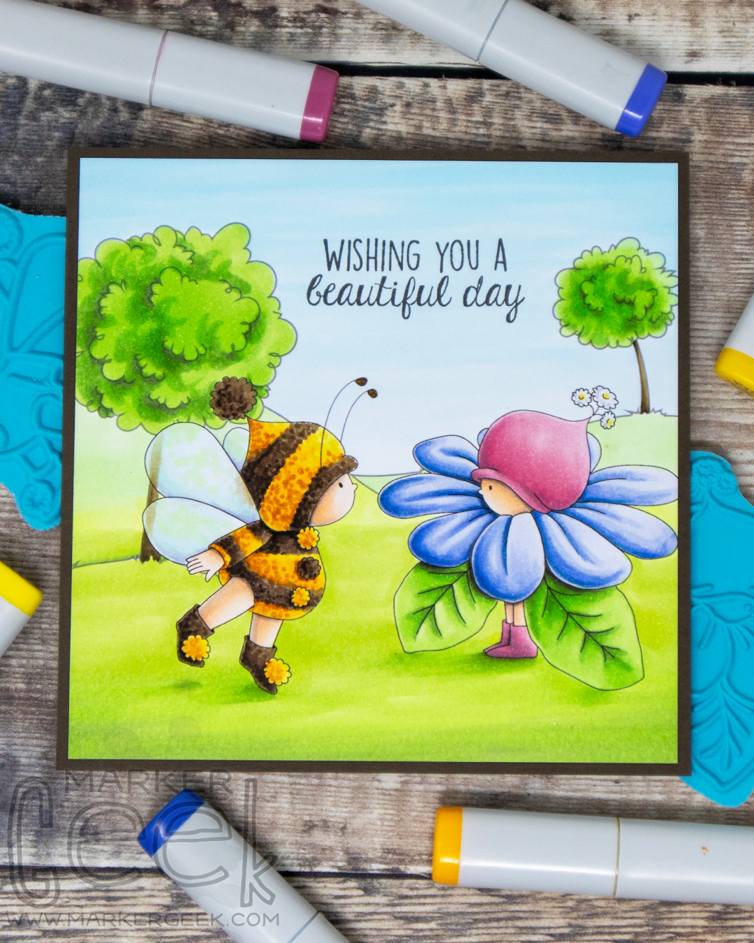 Copic marker coloured scene card inspiration & video featuring the Stamping Bella Bundle Girl is a Bee, Bundle Girl is a Flower and Summer Backdrop rubber stamps & the Hello Spring Sentiment set.