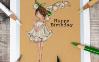 Coloured pencil coloured card inspiration & video featuring the Stamping Bella Tiny Townie Lily of the Valley rubber stamp & Prismacolor pencils.