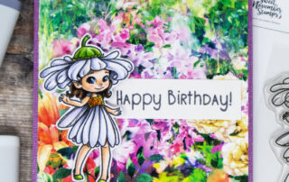 Copic marker coloured card inspiration & video featuring the Sweet November Stamps April Daisy Fairy clear stamp and sentiment from the Fairy Hair stamp set.