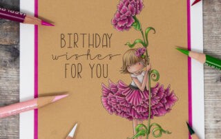 Coloured pencil coloured card inspiration & video featuring the Stamping Bella Tiny Townie Carnation rubber stamp & Prismacolor pencils.