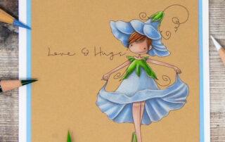 Coloured pencil coloured card inspiration & video featuring the Stamping Bella Tiny Townie Morning Glory rubber stamp & Prismacolor pencils.