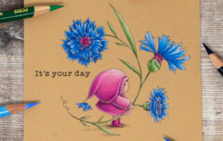 Coloured pencil coloured card inspiration & video featuring the Stamping Bella Bundle Girl with Cornflower rubber stamp & Prismacolor pencils.