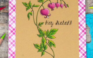 Coloured pencil coloured card inspiration & video featuring the Stamping Bella Bleeding Heart Sprig rubber stamp & Prismacolor pencils.