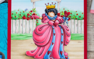 Copic marker coloured scene card inspiration & video featuring the Stamping Bella Tiny Townie Wonderland Queen of Hearts and Garden Backdrop rubber stamps & the Celebrate & Congratulate Sentiment set.
