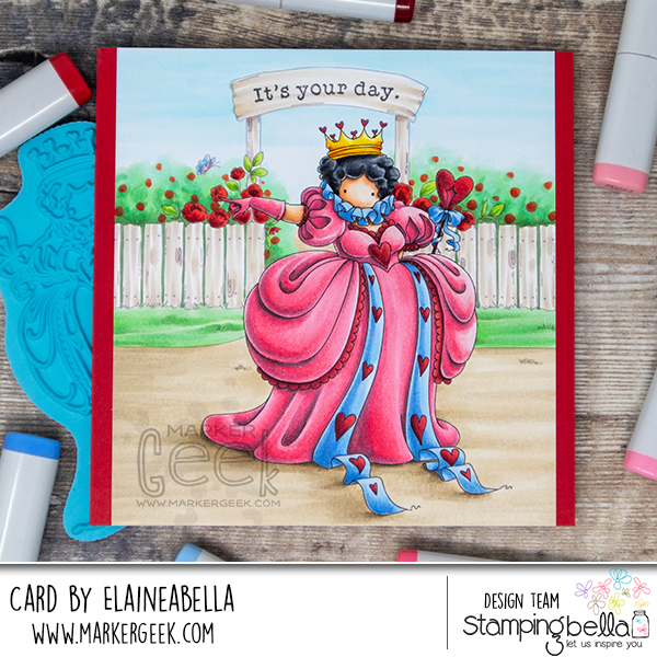 Copic marker coloured scene card inspiration & video featuring the Stamping Bella Tiny Townie Wonderland Queen of Hearts and Garden Backdrop rubber stamps & the Celebrate & Congratulate Sentiment set.