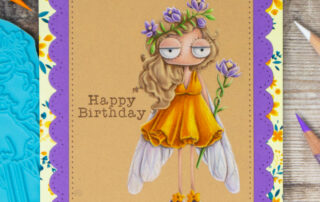 Coloured pencil coloured card inspiration & video featuring the Stamping Bella Oddball Spring Fairy rubber stamp coloured in a no lines style with Prismacolor pencils.