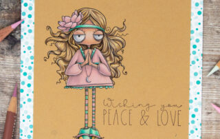 Coloured pencil coloured card inspiration & video featuring the Stamping Bella Oddball Hippie rubber stamp & Prismacolor pencils.