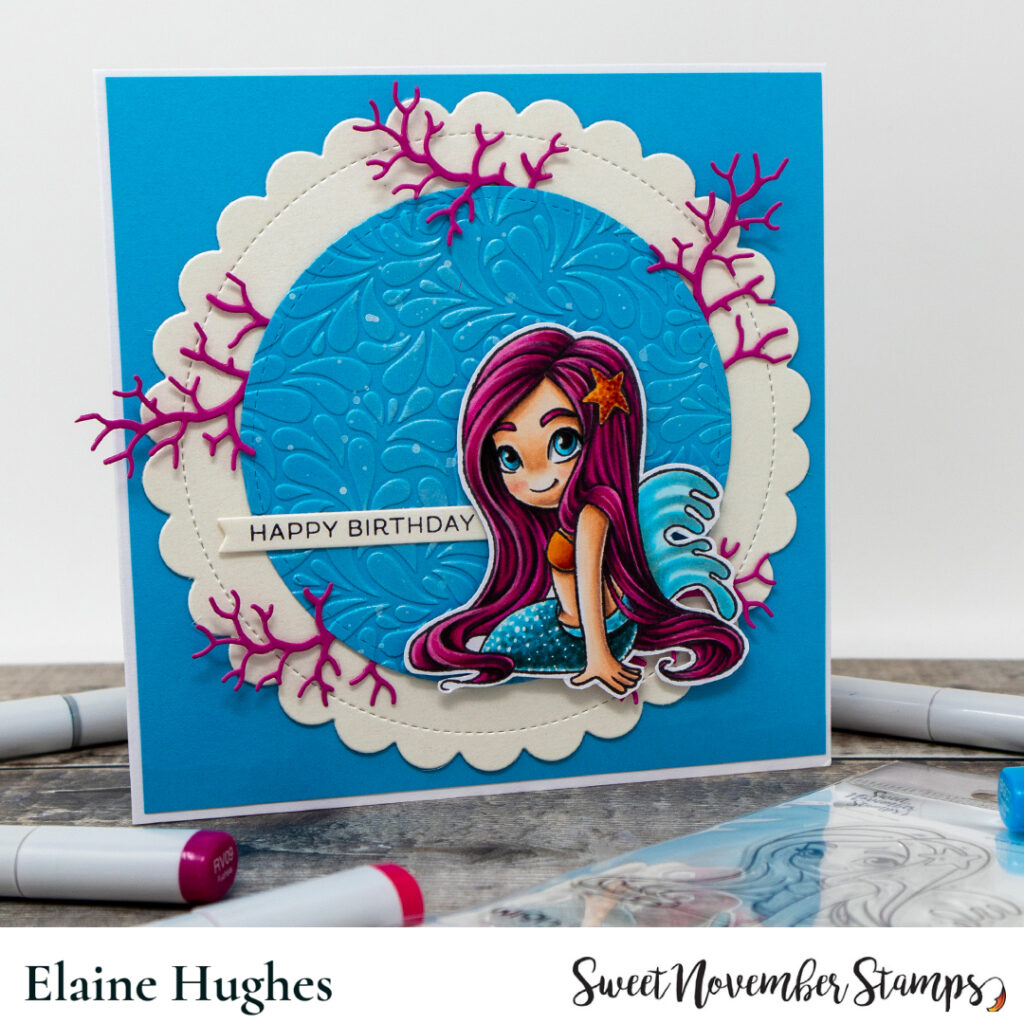 Copic marker coloured card inspiration & video featuring the Sweet November Stamps Wish Upon a Starfish mermaid clear stamp set.