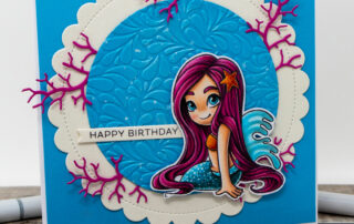 Copic marker coloured card inspiration & video featuring the Sweet November Stamps Wish Upon a Starfish mermaid clear stamp set.