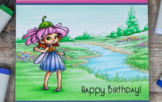 Copic marker coloured scene card inspiration & video featuring the Sweet November Stamps April Daisy Fairy and Background Builder: Wildflower Meadow clear stamp sets.