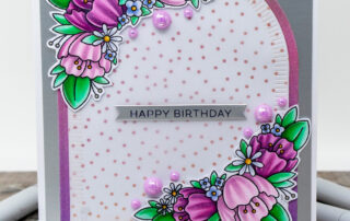 Copic marker coloured floral card and colouring video featuring Pretty Pink Posh Floral Corners clear stamp set.