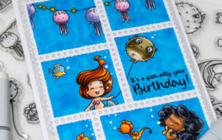 Copic marker coloured postage collage card inspiration & video featuring the Sweet November Stamps Merwee Party & Something's Fishy clear stamp sets.