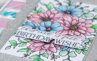 Alcohol marker coloured floral card featuring Honey Bee Stamps Daisy Layers Bouquet clear stamp set coloured using OLO Markers.