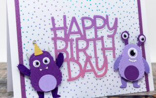Handmade card inspiration featuring die cuts from Spellbinders Paper Arts Dancin' Birthday Monsters die set.