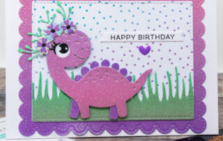Handmade card inspiration featuring die cuts from Spellbinders Paper Arts Birthday Dinosaur etched die set.