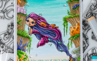 Copic marker coloured underwater mermaid scene featuring the Go With The Flow clear stamp set from Sweet November Stamps. YouTube members video.