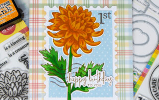 Handmade card inspiration featuring Waffle Flower Sketched Chrysanthemum clear stamp set and coordinating die and stencils, with the Oversized Postage die and stamp sets too!
