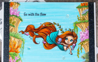 Copic marker coloured underwater mermaid scene featuring the Go With The Flow clear stamp set from Sweet November Stamps. YouTube members video.