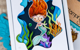 Copic marker coloured card inspiration & video featuring the Stamping Bella Lunettes Mermaid rubber stamp and Mermazing Sentiment Set.