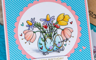 Copic marker coloured card inspiration & video featuring the Stamping Bella Spec-Tacular Vase rubber stamp by Amy Glatiotis.