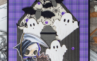 Copic marker coloured & die cut halloween card inspiration featuring Sweet November Stamps Little Grimmies stamps & Spellbinders dies & tools.
