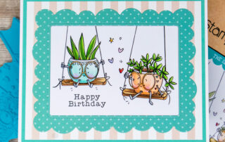 Copic marker coloured card inspiration & video featuring the Stamping Bella Spec-Tacular Swinging Pots rubber stamp by Amy Glatiotis.