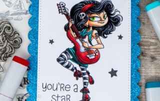 Alcohol marker coloured card and colouring video featuring Copic markers and Moonlight Whispers Goth and Roll clear stamp set.