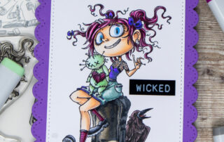 Alcohol marker coloured card and colouring video featuring Copic markers and Moonlight Whispers Voodoo Business clear stamp set.