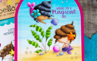Copic marker coloured scene card inspiration & video featuring Stamping Bella Little Cutie Mermaids & Octopus Friends rubber stamp.