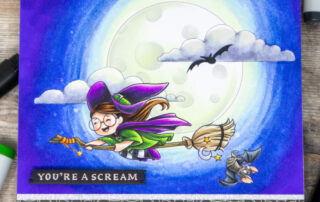 Alcohol marker coloured halloween scene card inspiration featuring Sweet November Stamps Witchwee Night Rider Edith & Tumble digital stamp.