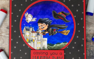 Copic marker coloured magical scene card inspiration featuring Sweet November Stamps Witchwee Night Rider Ewan & Soar freebie digital stamp.