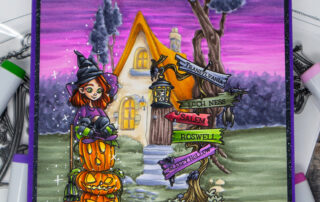 Alcohol marker coloured halloween scene card inspiration & video featuring Sweet November Stamps Hilde & Autumn Cottages clear stamp sets.