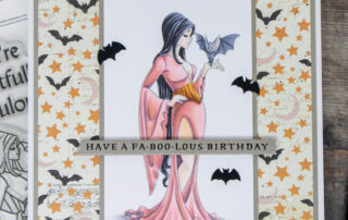 Alcohol marker coloured pinkoween halloween card inspiration & video featuring Sweet November Stamps SN Gal Desdemona clear stamp.