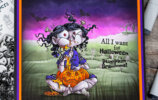 Alcohol marker coloured halloween zombie scene card inspiration & colouring video featuring Moonlight Whispers Pumpkin Brains clear stamp set