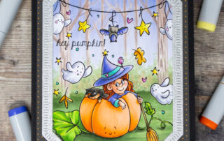 Copic marker coloured halloween scene card inspiration with Stamping Bella Little Witch at the Pumpkin Patch & Spooky Cute Banner rubber stamps.