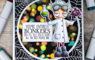Copic marker coloured card inspiration featuring Stamping Bella Oddball Mad Scientist and Alice in Wonderland sentiment set rubber stamps.