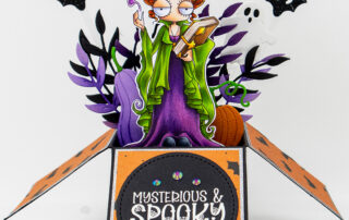 Copic marker coloured box card inspiration featuring Stamping Bella Oddball Witchy Sistah 1 and Spooky sentiment set rubber stamps.