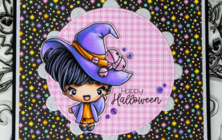 Alcohol marker coloured card and colouring video featuring Copic & OLO markers and The Greeting Farm Hocus Pocus clear stamp set.