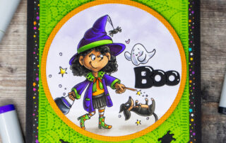 Copic marker coloured halloween card inspiration with Stamping Bella Little Witch & Her Pals rubber stamp, illustrated by Amy Glatiotis.